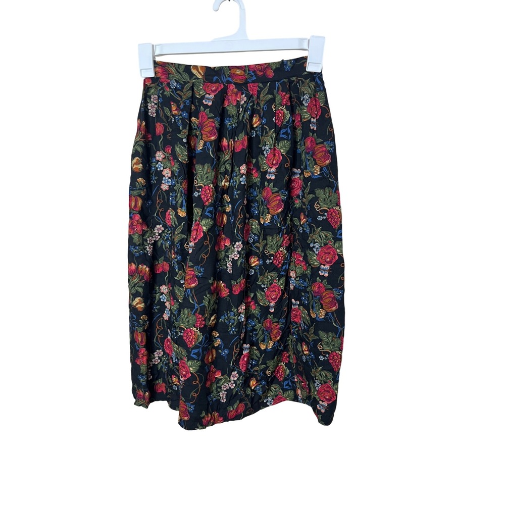 Vintage Susan Bristol Petite Floral Midi Skirt Black Red Roses Grapes Size 8